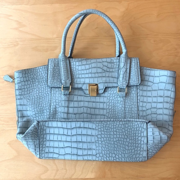 Large Baby Blue Faux Snakeskin Shoulder Tote Bag - Picture 5 of 12